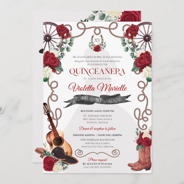 Red Rose Western Quinceañera Elegant Charra Invitation (Front/Back)