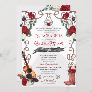Red Rose Western Quinceañera Elegant Charra Invitation