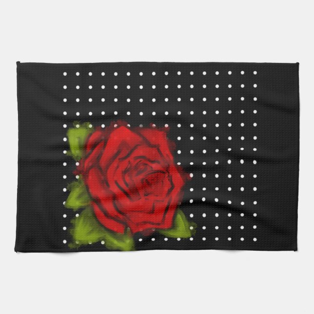 Red rose, White dots Tea Towel (Horizontal)