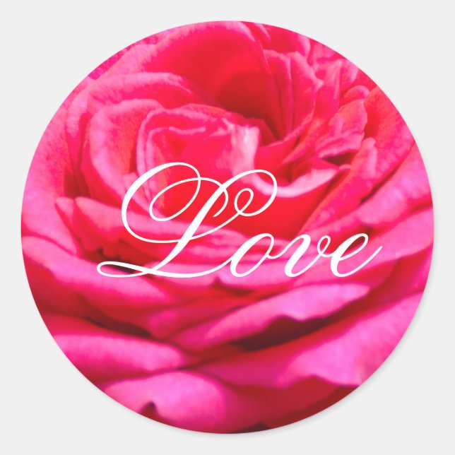 Red rose & white LOVE text Classic Round Sticker (Front)