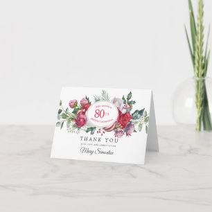 Red Rose Winter Botanical 80th Birthday Thank You Card