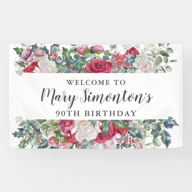 Red Rose Winter Botanical 90th Birthday Banner (Horizontal)