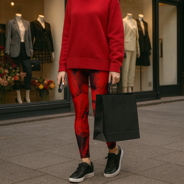 Red Rose with Black Print-all-over Leggings (Bold red rose leggings meet luxe red cashmere city chic with keys in hand and style in stride.)