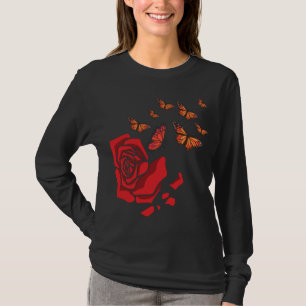 Red Rose With Butterflies Garden Gardener Flowers  T-Shirt