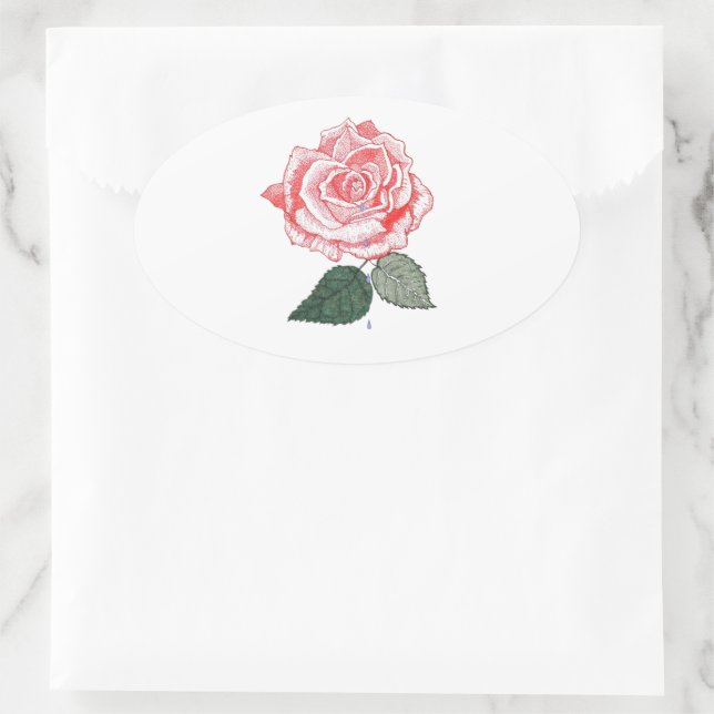 Red Rose with Dew Drops dropping from Petals Oval Sticker (Bag)