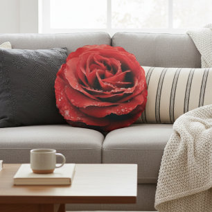 Red Rose with Dew Drops Round Cushion