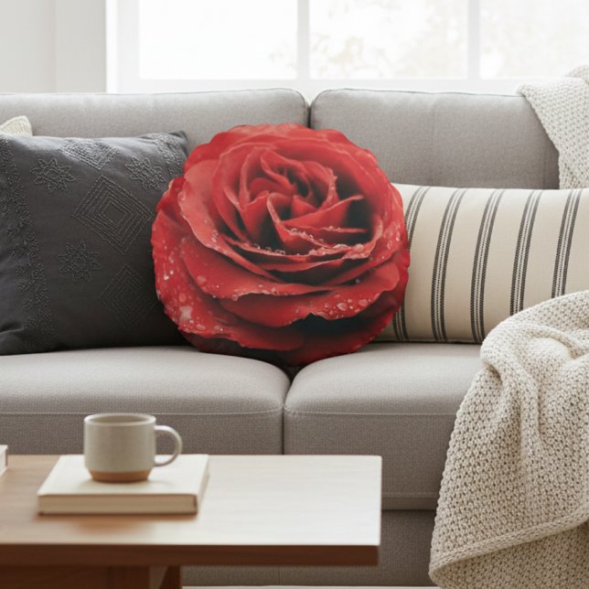 Red Rose with Dew Drops Round Cushion (Creator Uploaded)