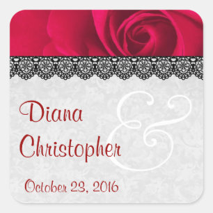 Red Rose with Lace Wedding Custom Names V19 Square Sticker