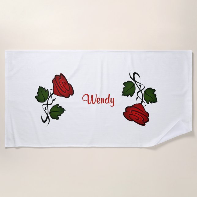 Red Rose with Name Beach Towel (Front)