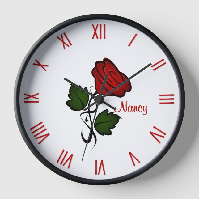 Red Rose with Name Roman Numerals Clock (Front)