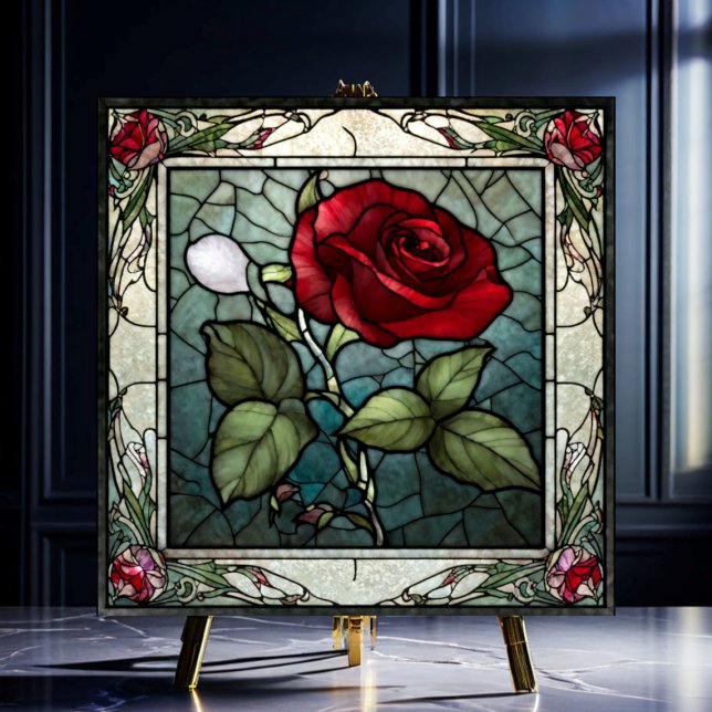 Red Rose with Vine Border 2 Stained-Glass Look Ceramic Tile (Creator Uploaded)