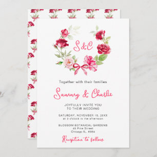 Red Rose Wreath Ribbon Wedding Invitation