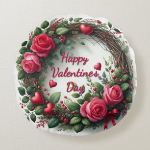 Red Rose Wreath Valentines' Day Round Pillow