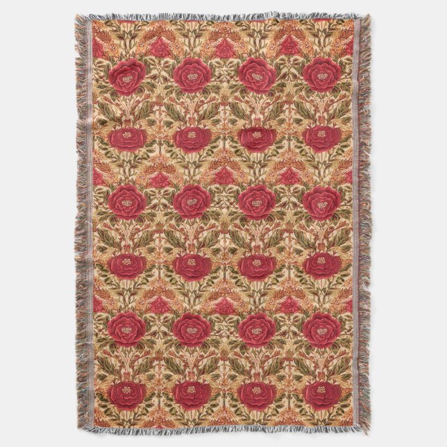 Red RoseArts and Crafts Style Throw Blanket (Front Vertical)