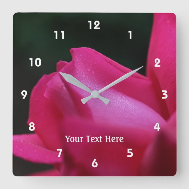 Red Rosebud And Raindrops Nature Personalized Square Wall Clock (Front)