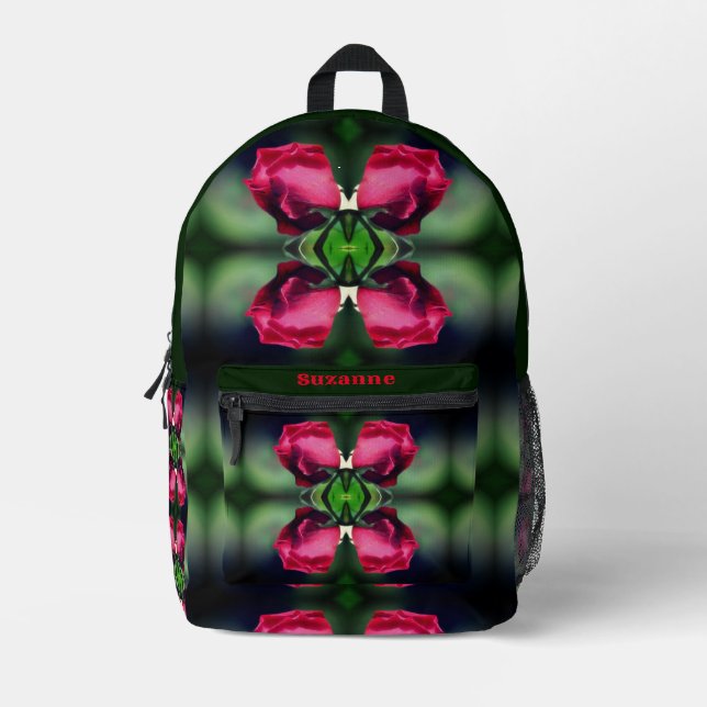 Red Rosebud Bending Abstract Personalised Printed Backpack (Front)