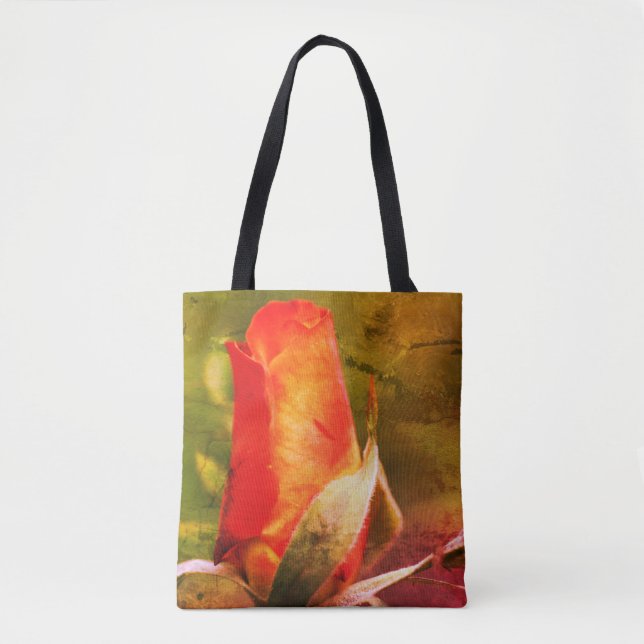 Red Rosebud Flower Art Distressed Tote Bag (Front)