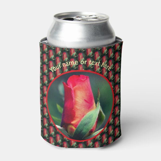 Red Rosebud Flower Personalised  Can Cooler (Can Front)