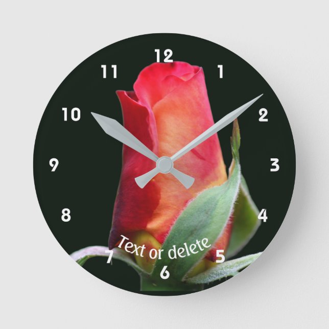 Red Rosebud Flower Personalised Round Clock (Front)
