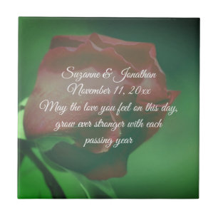 Red Rosebud Flower Personalised Wedding  Ceramic Tile