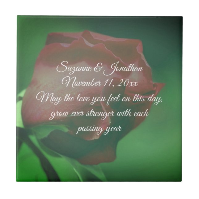 Red Rosebud Flower Personalised Wedding  Ceramic Tile (Front)