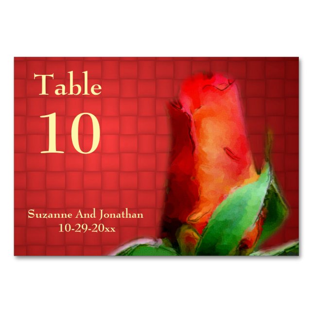 Red Rosebud Flower Personalised Wedding  Table Number (Front)