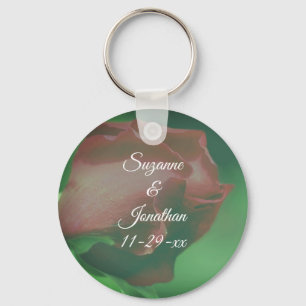 Red Rosebud Flower Personalized Wedding  Key Ring