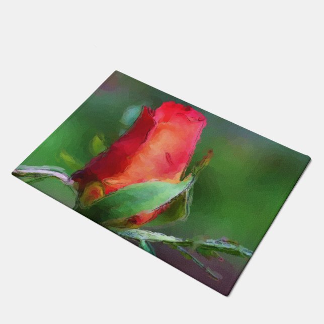Red Rosebud Flower Watercolor Photo Painting  Doormat (Angled)