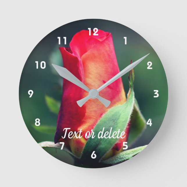 Red Rosebud Flower Yellow Highlights Personalised Round Clock (Front)