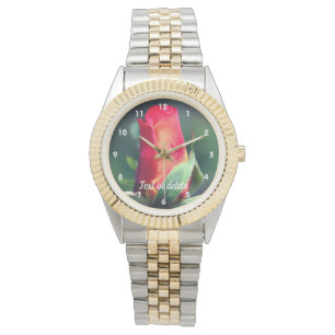 Red Rosebud Flower Yellow Highlights Personalised Watch