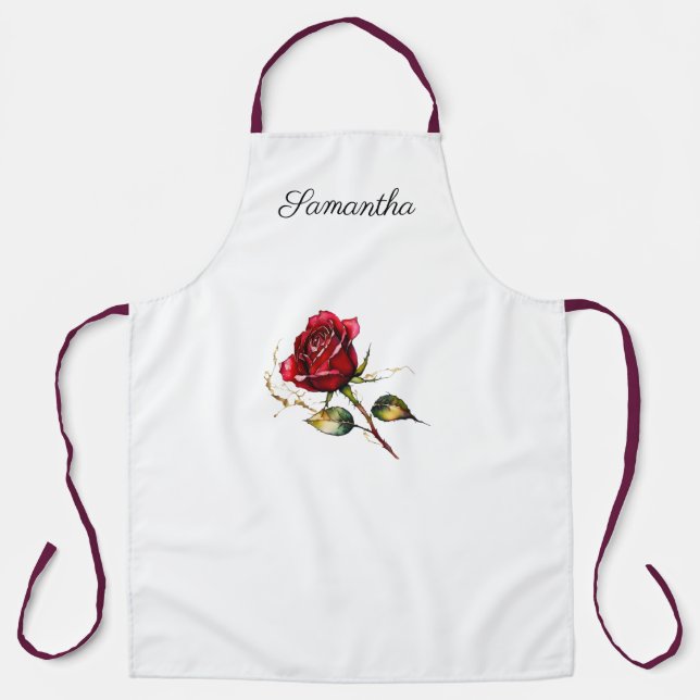 Red Rosebud Valentine Apron. Editable name. Apron (Front)