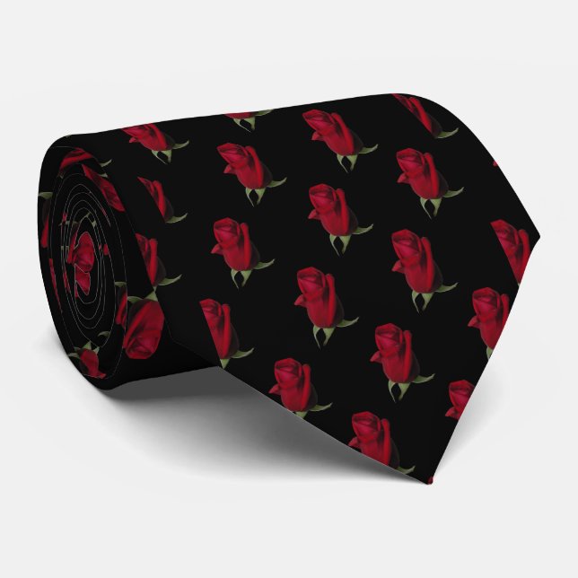 Red Rosebuds on Black Tie (Rolled)