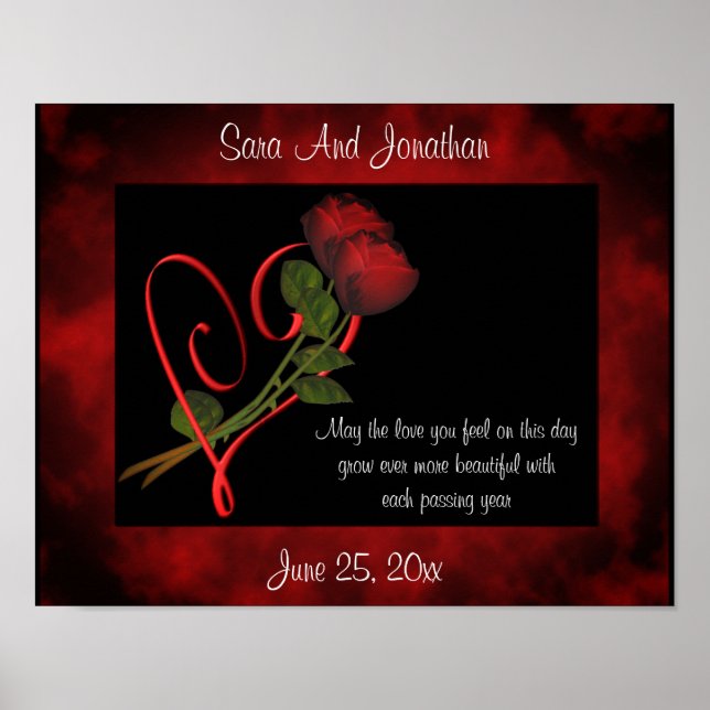 Red Rosebuds Red Heart Personalised Wedding Gift  Poster (Front)