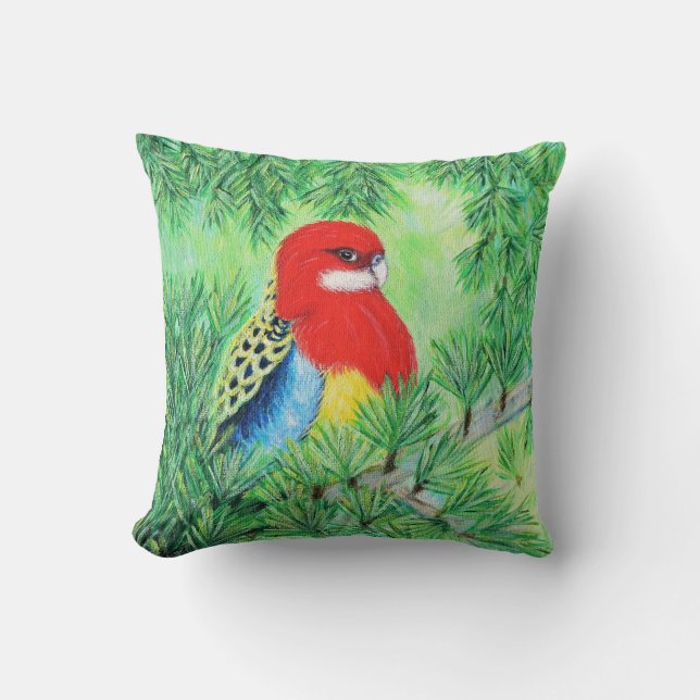 Red Rosella Bird Painting Cushion (Front)