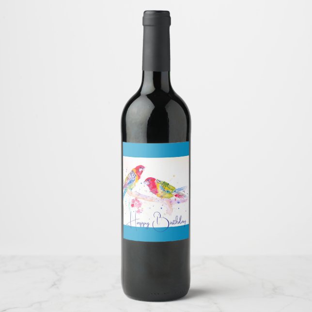 Red Rosella Parrot Watercolour Painting Art Wine Label (Front)