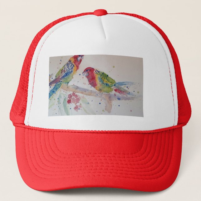 Red Rosella Parrot Watercolour Painting Trucker Hat (Front)