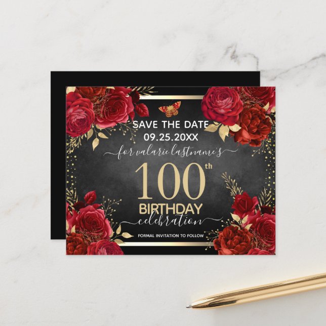  Red Roses 100th Birthday Save the Date Budget (Front/Back In Situ)