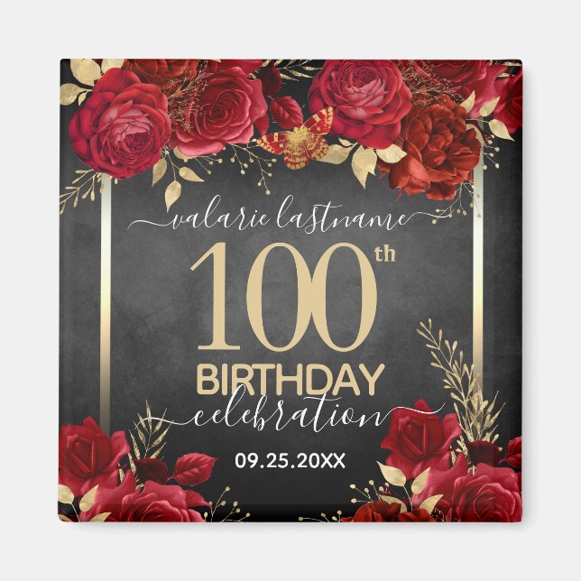 Red Roses 100th Birthday Save the Date Magnet (Front)