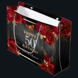 Red Roses 50th Birthday Large Gift Bag<br><div class="desc">Red roses,  faux gold foil leaves,  tiny red and gold butterfly. Elegant floral design for any year birthday celebration.Easy to personalise with template. Gorgeous birthday gift bag template design.</div>