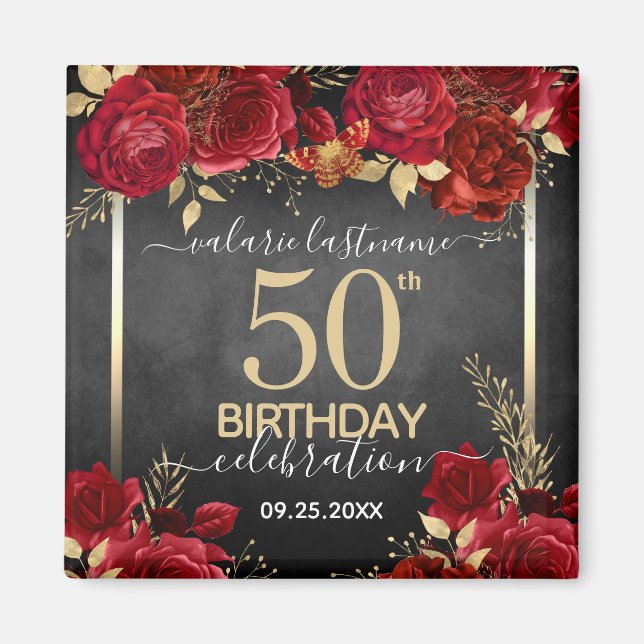 Red Roses 50th Birthday Save the Date Magnet (Front)