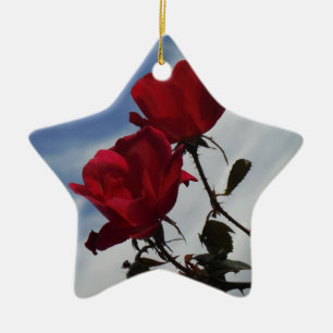 Red Roses Against a Bright Blue Sky Ceramic Ornament