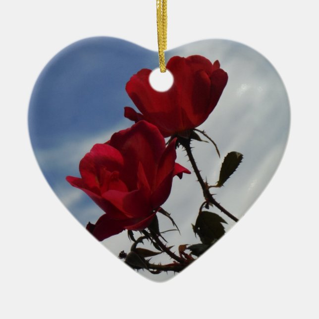 Red Roses Against a Bright Blue Sky Ceramic Tree Decoration (Front)