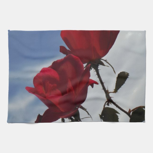 Red Roses Against a Bright Blue Sky Tea Towel (Horizontal)