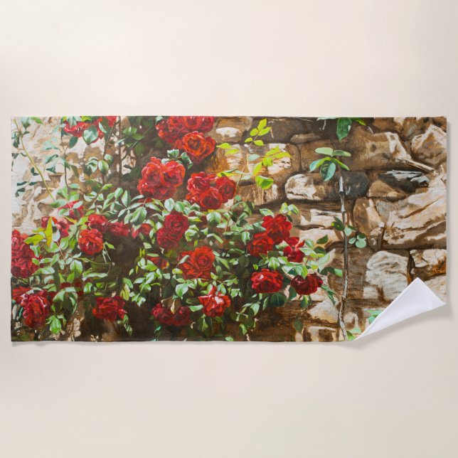 Red Roses Against a Stone Wall Beach Towel (Front)