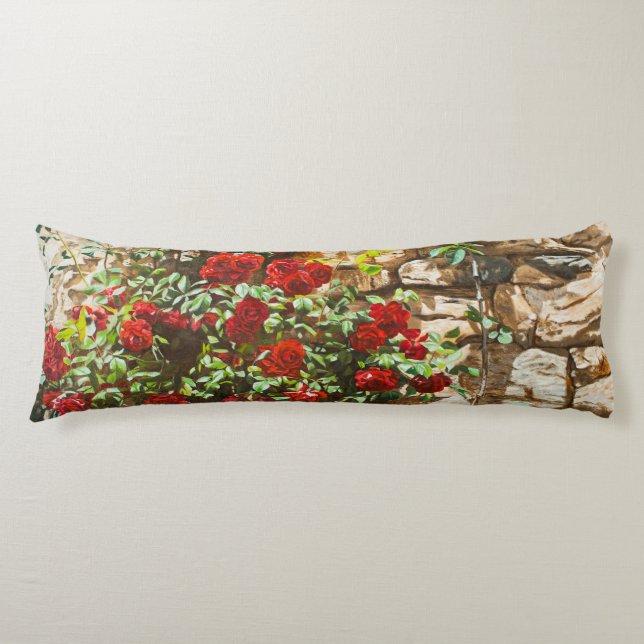 Red Roses Against a Stone Wall Body Cushion (Front)