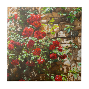 Red Roses Against a Stone Wall Ceramic Tile