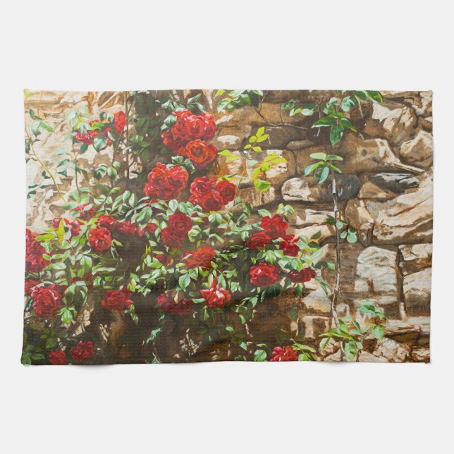 Red Roses Against a Stone Wall Tea Towel (Horizontal)