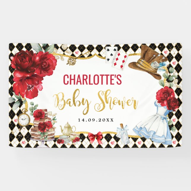 Red Roses Alice in Wonderland Baby Shower Backdrop Banner (Horizontal)