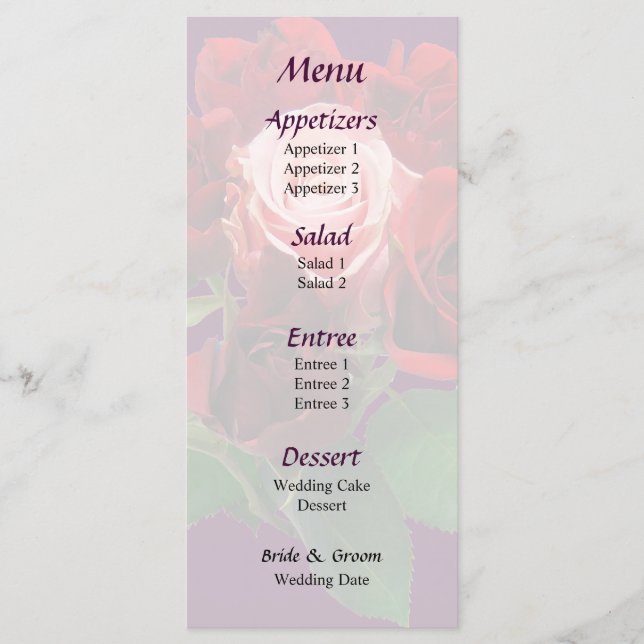Red Roses and a Pink Rose Wedding Menu (Front)
