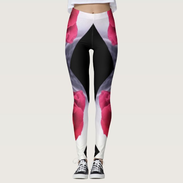 Red Roses and Black Diamonds Geometric  Pattern Leggings (Front)